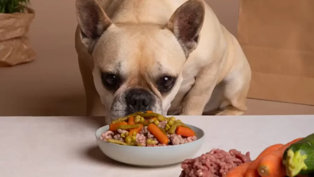 Imagem vibrante mostrando um cão e um gato comendo alimentos naturais frescos, como frutas, vegetais e carne crua, com suplementos como óleo de ômega-3 e vitaminas ao fundo. A cena transmite vitalidade, nutrição e bem-estar animal