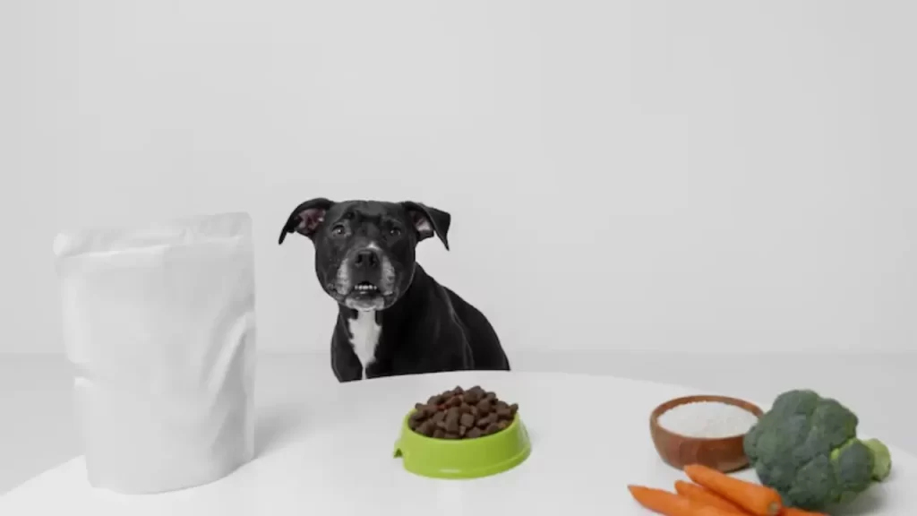 Montagem de alimentos naturais frescos e suplementos nutricionais, como probióticos e cálcio, para melhorar a dieta de cães e gatos.