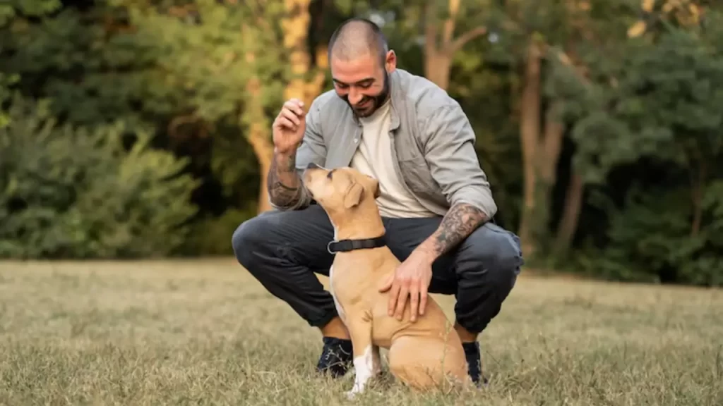 Homem brincando com seu cachorro no parque